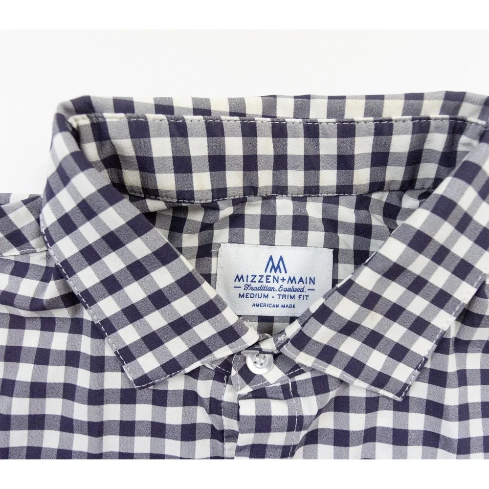 Mizzen Main Shirt Mens Medium Blue Button Down Collared Trim Fit Stretch Check